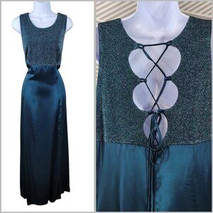 Vintage Molly Malloy Evening Dress Maxi Sz 16 Satin Glitter Formal Prom Lace Up